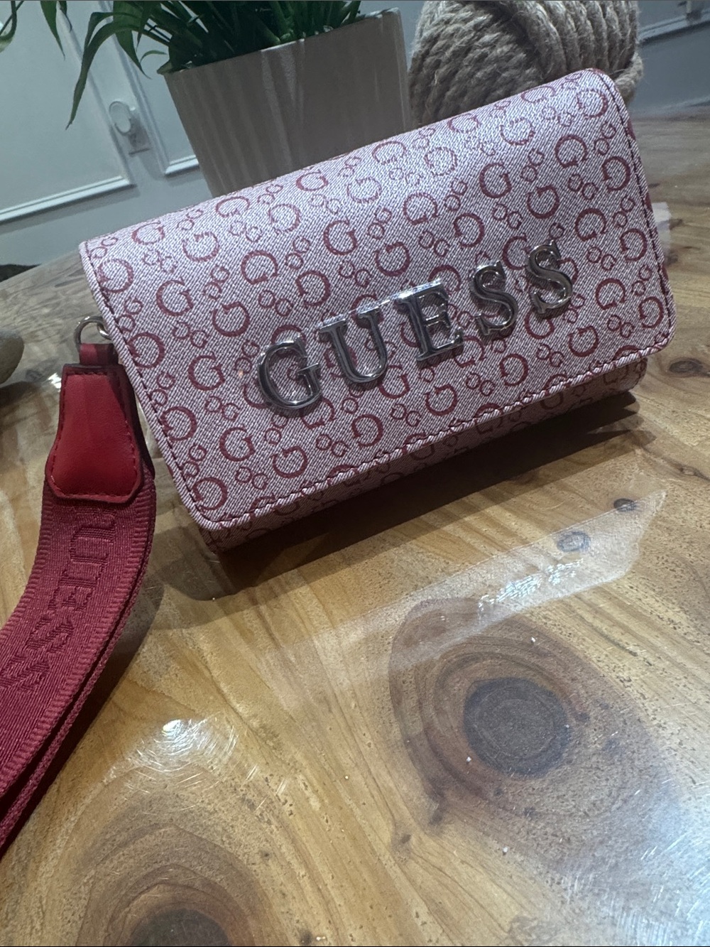 GUESS Pink/red Logo Pattern wallet with Red Strap